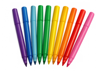 Vibrant felt tip pens arranged semicircle-style, multicolored tips angled downward on clear surface, highlighting artistic potential