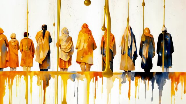 Gold Flowing Figures: An artistic visualization portrays a line of diverse figures draped in gold, with a fluid gold effect flowing down, symbolizing unity and transformation.