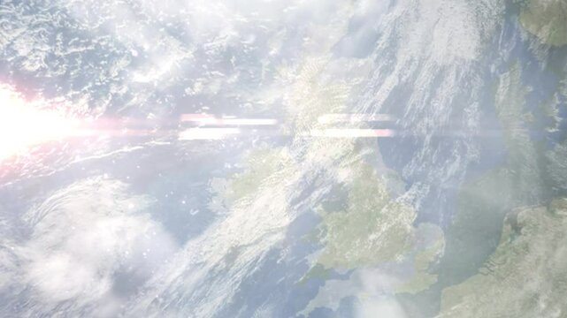 Earth zoom in from space and focus on Ballymena, Northern Ireland, Antrim, Great Britain. Background for travel intro or blog. Satellite view. 3D style Animation. Images from NASA.