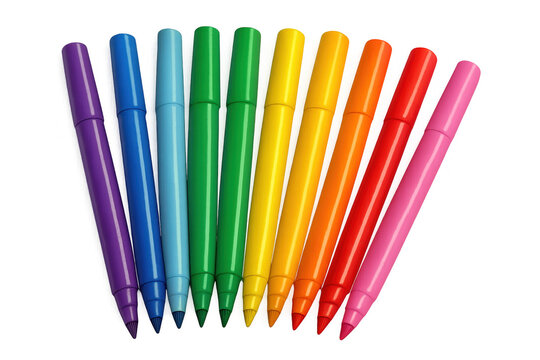 Vibrant felt tip pens arranged semicircle-style, multicolored tips angled downward on clear surface, highlighting artistic potential