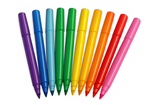 Vibrant felt tip pens arranged semicircle-style, multicolored tips angled downward on clear surface, highlighting artistic potential