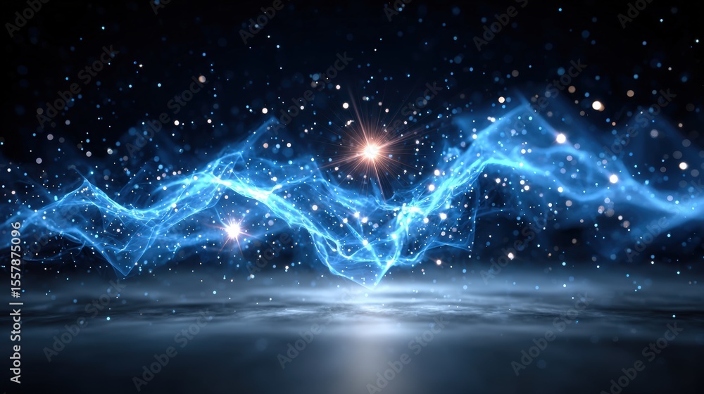 Poster luminous floating particles in magical fog with starry background