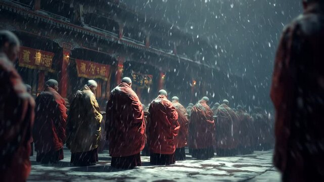 Monks in vibrant robes chant solemnly amidst swirling snow, evoking a serene, spiritual atmosphere reminiscent of Tibetan traditions. A scene of devotion and tranquility.