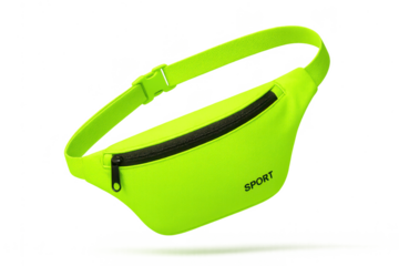 Vibrant neon green fanny pack with 'SPORT' text isolated on transparent background