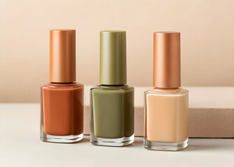 Earth-tone matte nail polish bottles arranged flat