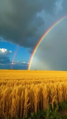 Naklejka premium Double rainbow arches over golden wheat field, dramatic storm clouds overhead, vibrant, storm clouds, vibrant colors