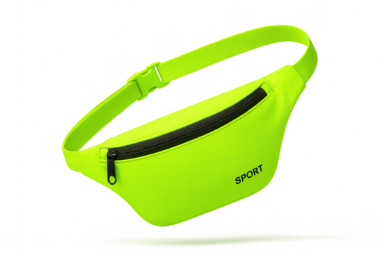 Vibrant neon green fanny pack with 'SPORT' text isolated on transparent background