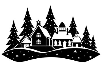 Obraz premium Peaceful Winter Village Silhouette Illustration for Holiday Cards