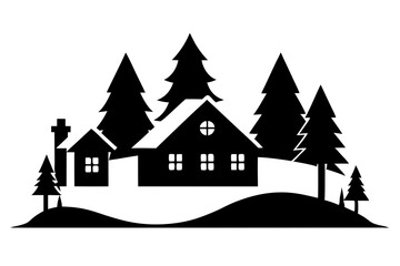 Rustic Winter Village Silhouette for Seasonal Landscape Art