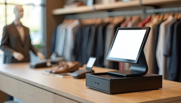 Retail POS system on wooden countertop in store. Monitor cash drawer card reader at checkout. Purchase sale transaction. POS terminal for payment. Store interior with clothes rack.
