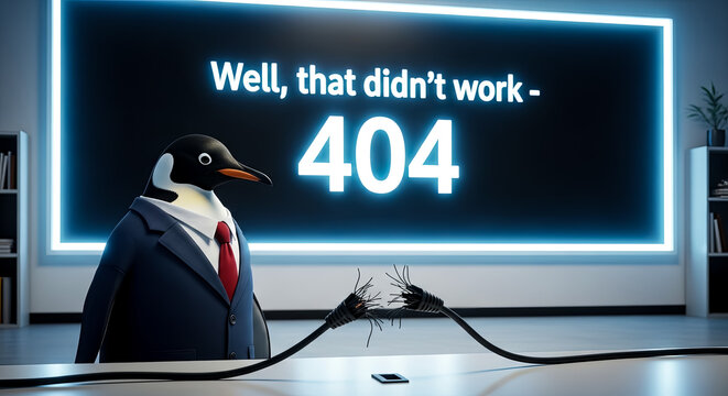 A penguin dressed in a suit stands near damaged cables, with a large 404error message on the screen, creating a humorous office scene