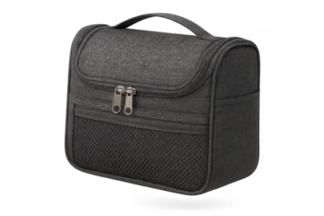 Dark grey toiletry bag isolated on transparent background, travel essential