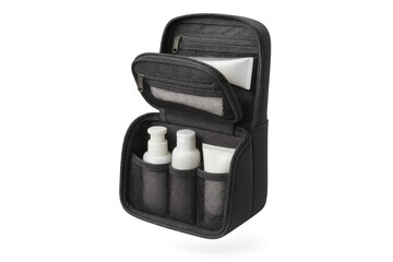 Black open travel toiletry bag with bottles on a transparent background