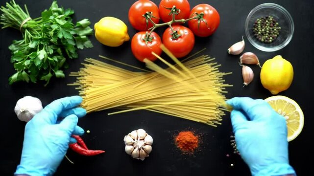 Culinary display of spaghetti, garlic and tomatoes suggesting Italian cooking theme

