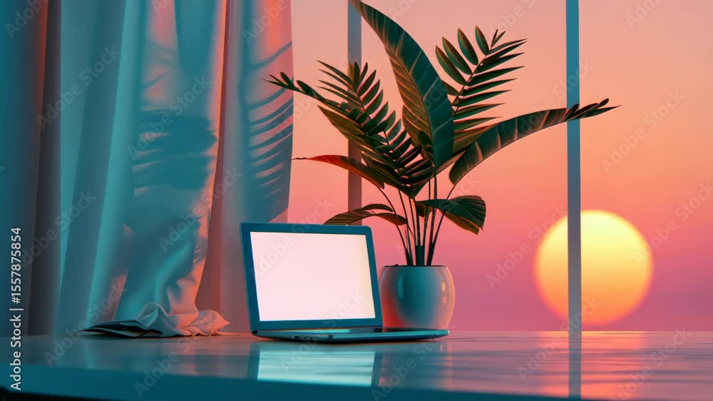 Poster sunset workspace: the image captures a harmonious blend of technology and nature, with a laptop perc