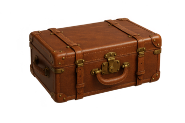 Vintage brown leather suitcase with brass fittings isolated on transparent background