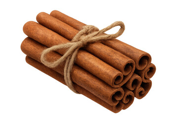 Cinnamon sticks bundled with rustic twine, showcasing rich brown hues and intricate bark-like texture against clean transparent backdrop
