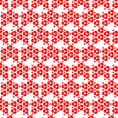 seamless floral pattern, vibrant red and white repeating pattern, composed of small, red, six-petal flower-like shapes, possibly star-like polygons, continuous and intricate design, tightly arranged, 