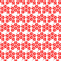 seamless floral pattern, vibrant red and white repeating pattern, composed of small, red, six-petal flower-like shapes, possibly star-like polygons, continuous and intricate design, tightly arranged, 