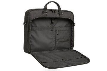 Naklejka premium Black open laptop bag, modern design, isolated on transparent background.