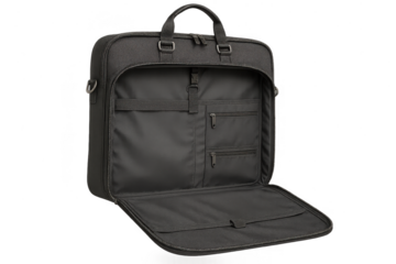 Black open laptop bag, modern design, isolated on transparent background.