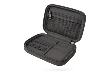 Open black travel organizer case isolated on transparent background