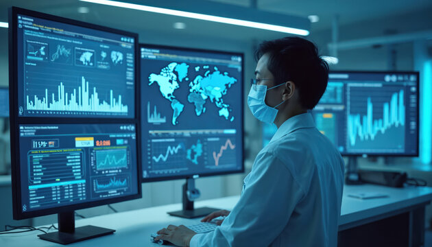 Illustration shows medical pro analyzing healthcare analytics data on multiple computer monitors in lab. Scientist wearing face mask works with medical data visualizations statistics for healthcare
