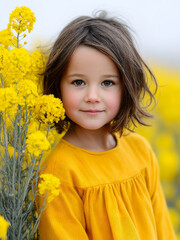 Smiling Girl in Yellow Dress Among Yellow Flowers