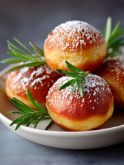 Golden Brown Baked Goods with Fresh Herbs and Powdered Sugar