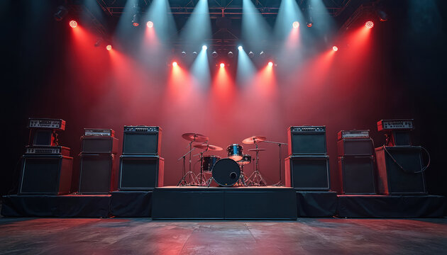 Rock concert stage setup. Drum kit, amps, lighting. Professional music show, ready for live performance. Dramatic lighting atmosphere. Stage prepared for music band gig. Sound system, musical