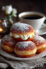 Cream Filled Pastries with Powdered Sugar on Plate