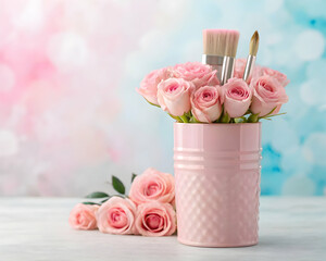 Pink paintbrush holder with roses in pastel setting
