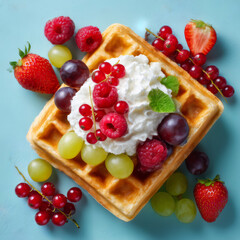 Golden Waffle with Whipped Cream and Berries on Light Blue Background