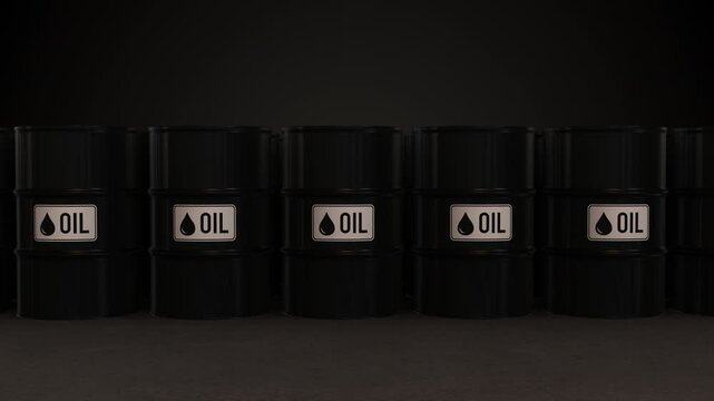 Black Metal Oil Drums in Warehouse &ndash; Fuel Trade Concept