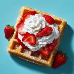 Golden Waffle with Strawberries and Whipped Cream on Teal Background