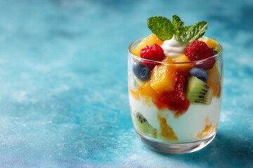 Layered Fruit And Yogurt Dessert In Glass On Teal Background