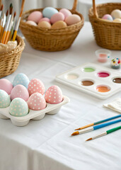 Easter craft table with paintbrushes and decorated pastel eggs
