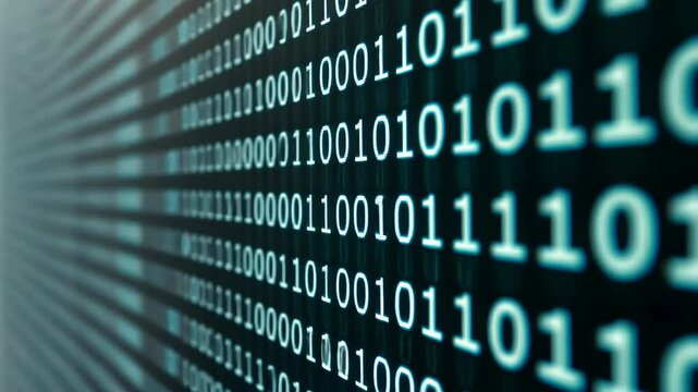 Binary Code Stream: A close-up perspective of a digital binary code stream, showcasing the intricate pattern of ones and zeros flowing across a dark screen.