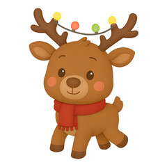 Cute cartoon reindeer with festive holiday lights and red scarf Transparent Background