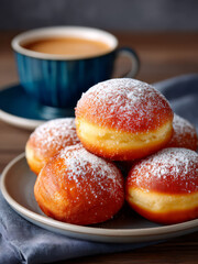 Golden Brown Pastries with Powdered Sugar and Coffee