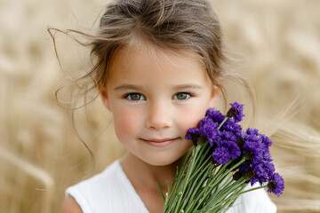 Smiling Girl With Purple Flowers In Wheat Field