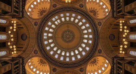 Fototapeta premium A breathtaking symmetrical view of an intricately decorated mosque dome, showcasing detailed Islamic calligraphy, ornate windows, and traditional architectural patterns.