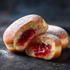 Two Halved Pastries with Fruit Filling and Powdered Sugar
