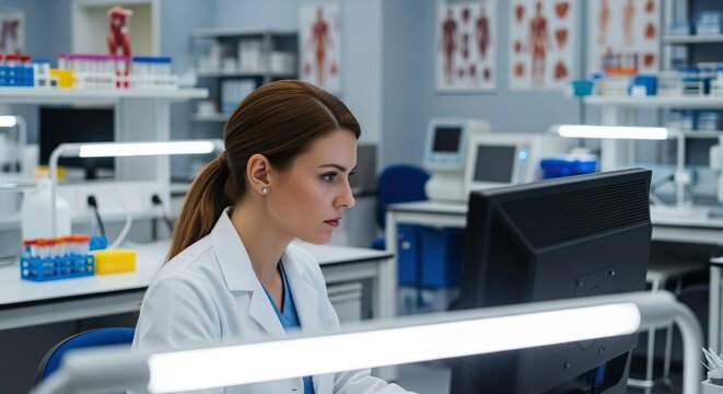 A female scientist in a modern laboratory, focused on her desktop monitor, surrounded by lab equipment and anatomy posters, representing research and innovation.