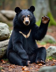 Black bear resting, waving paw. Sitting on ground with autumn leaves, in natural forest habitat. Big wild mammal with black fur. Animals, nature, wildlife concept.