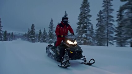 Person riding snowmobile in winter forest environment for adventure or rescue operations