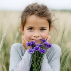 Smiling Girl with Purple Flowers in a Field