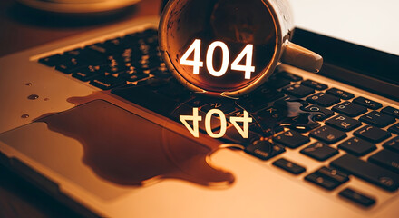 A coffee cup tipped over on a laptop keyboard, showing a 404 error message reflected in spilled liquid, creating a warm ambiance