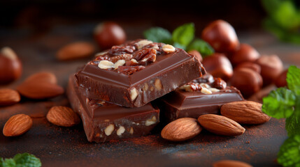 Dark Chocolate with Almonds and Hazelnuts on Rustic Surface