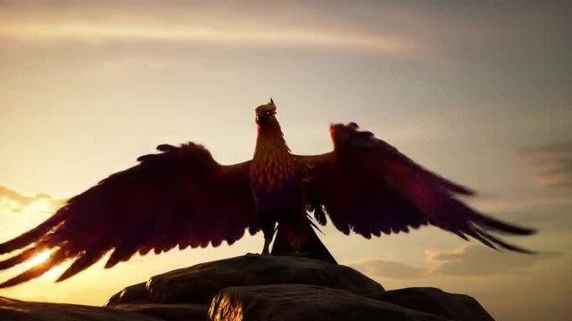 Majestic bird flying above sunset with open wings expressing freedom
